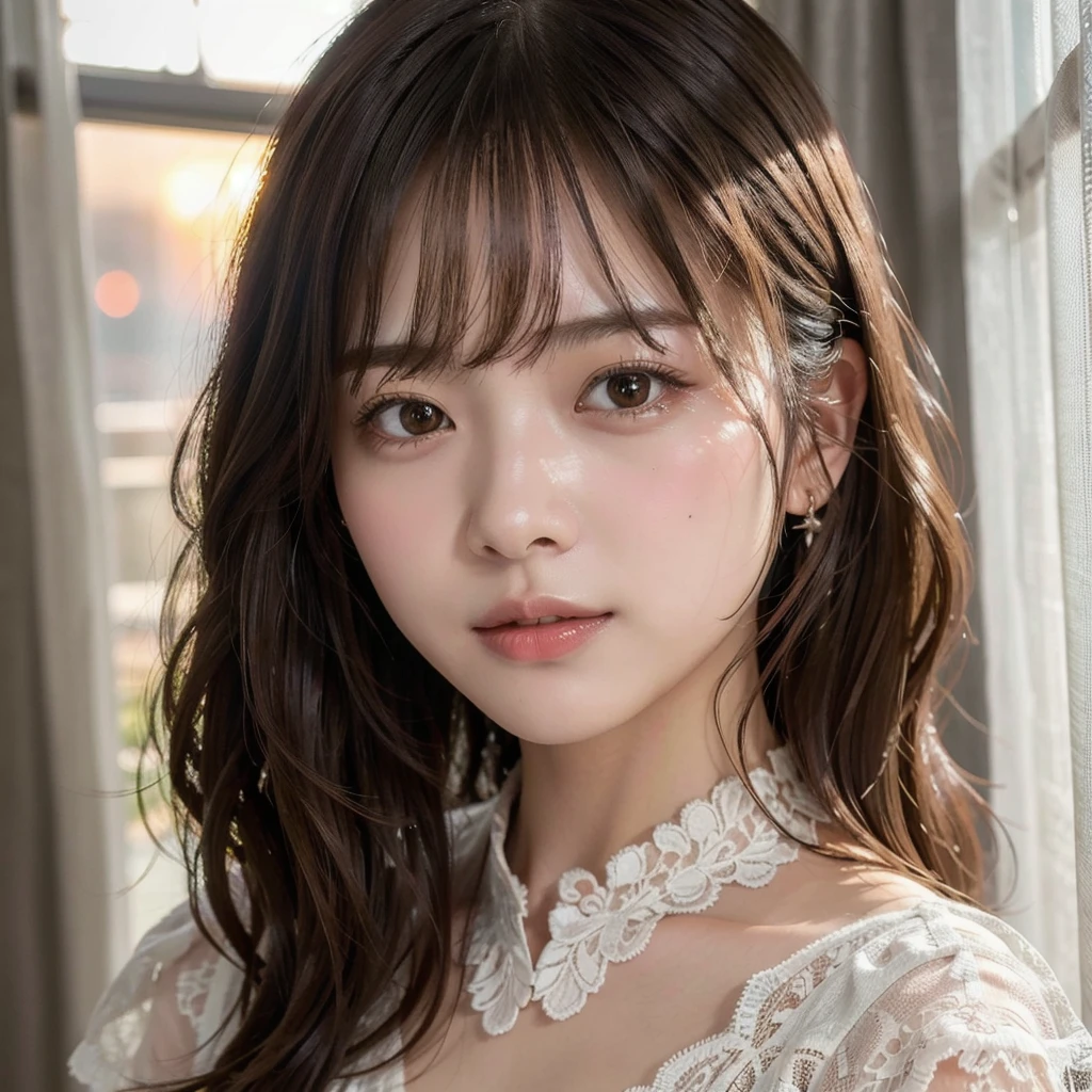 (Highest quality,masterpiece:1.3,超High resolution),(Very detailed,Caustics,8k),(Realistic:1.4,RAW shooting),Super detailed, 超High resolution, Rembrandt Lighting,Ray Tracing,Detailed skin texture, 18-year-old,Japanese,黒いLong Hair,耳前にLong Hair, (Long Hair:1.2), (Wavy Hair:1.2), (鈍いbangs:1.2), Chest-up shot,Ultra high definition 8K,Highest quality,Very detailedな,masterpiece,Realistic,Rich details,Photographic realism,Very detailedな環境,Very detailedな照明,Very detailedな詳細,,Detailed skin texture,Scattered under the surface,(blush:0.5),Photographic works,A slightly sad expression,Beautiful, shining lips, Detailed face、 bangs, Hair between the eyes, (Tangled in lace curtains:1.5),Looking into the camera,Front of face,Natural light, masterpiece, Highest quality, High resolution, ,(Face Focus:1.1),(Face close-up:1.1),Sunset