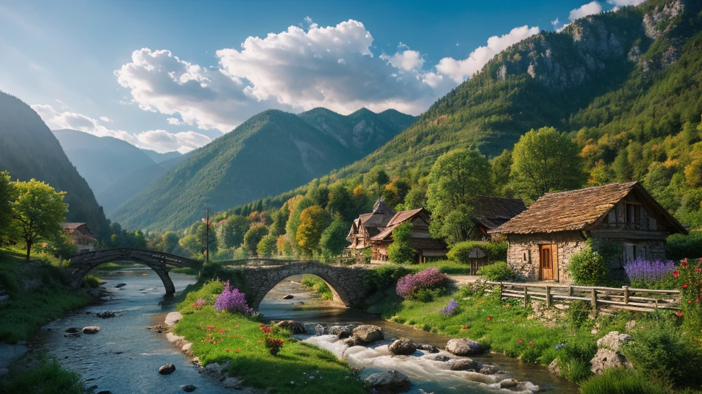 Old Bulgarian village, mystical nature, Rivers, Mountains and forests, waterfall, cloud, Photorealistic photos, It's not 8k. Aerial view.