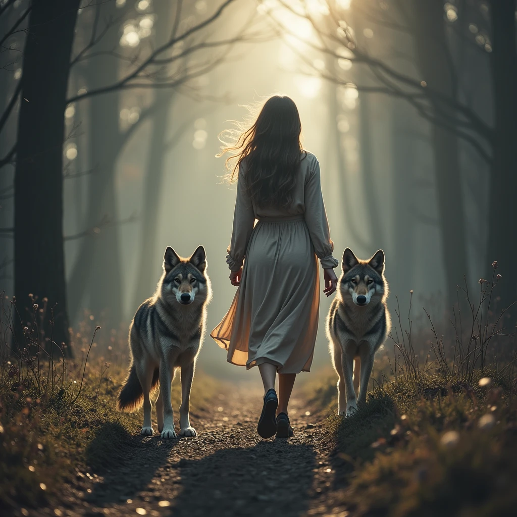 A beauty walking with wolves