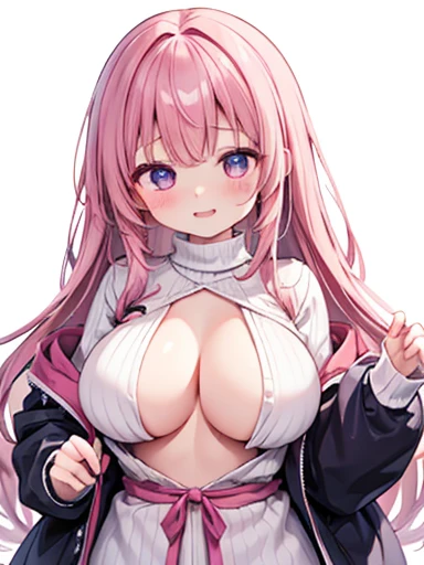 cute、With a girl、Anime Style、Japanese、stare、Laughter、Wear less revealing clothing、Unclear、Big ample breasts、high resolution、cute服装、Knitted sweater、On the chest、Wound Pose