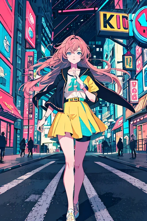 Highest quality, 4K wallpaper, masterpiece, Highly detailed CG Unity 8K wallpapers, Very beautiful eyes, Very detailed, Intricate details, 1 girl, Retro art style, neon_Pop Art Style, public, Outdoor, road signs, city,