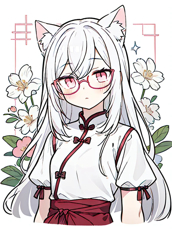 best quality, masterpiece, 1 girl, ****, upper body, hairs between eyes, female, pink eyes, long hair, small breasts, expressionless, Wink , cat ears, white hair, silver hair, streaked hair，   long bangs, cheongsam，Glasses