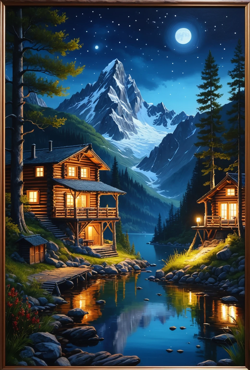 Painting of a lakeside cabin in the mountains at night, very Detailed, log cabin beneath the alps, very very Detailed, Landscape painting (details), Detailed), 8Kの高品質でDetailedアート, Detailed夢の風景, Detailed絵画 4k, Detailed4K絵画, Mountain Valley, 8k HD Detailed油絵, Detailed4k油絵, Detailed