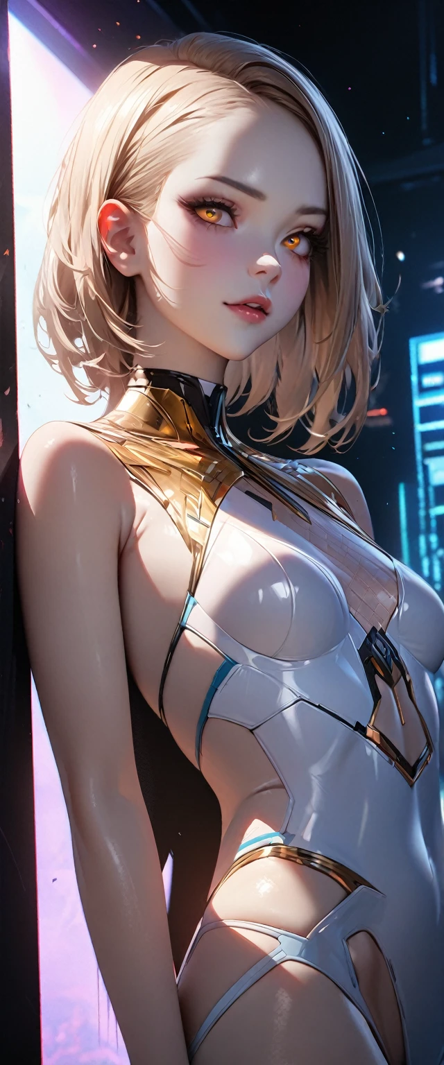 (high quality, 8k, 4K, High Contrast, masterpiece:1.2, 最high quality, Best aesthetics), 1 female, (Realistic skin texture:1.3),Optimal,masterpiece,High resolution,最high quality,Hyper HD,Super Detail,Awards,16K,solo,((Upper body)),((Broke Tomical Correct,Beautiful Cyberpunk Girl,Cute Face,,Gradient Beige Hair,Hairline,((Dark golden eyes)),Long eyelashes,Drooping eye corners,Fair skin,(Small breasts),(slim),((Women's Extra Short Shawl Leather Jacket)),((goth style,racer_Bitch Suit)),(()),Earrings,(Neck strap),(Laser material clothing:1.2)