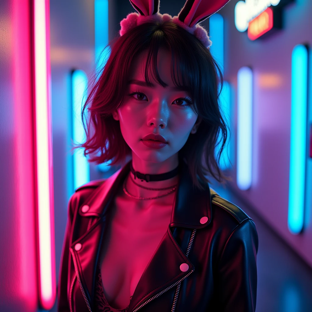 Photo of a woman wearing neon lights,Style has Vray Track、Dystopian cartoon、bunnycore、Zhang Jingna、Cult Party Kei、Nikon D850、leather/leather