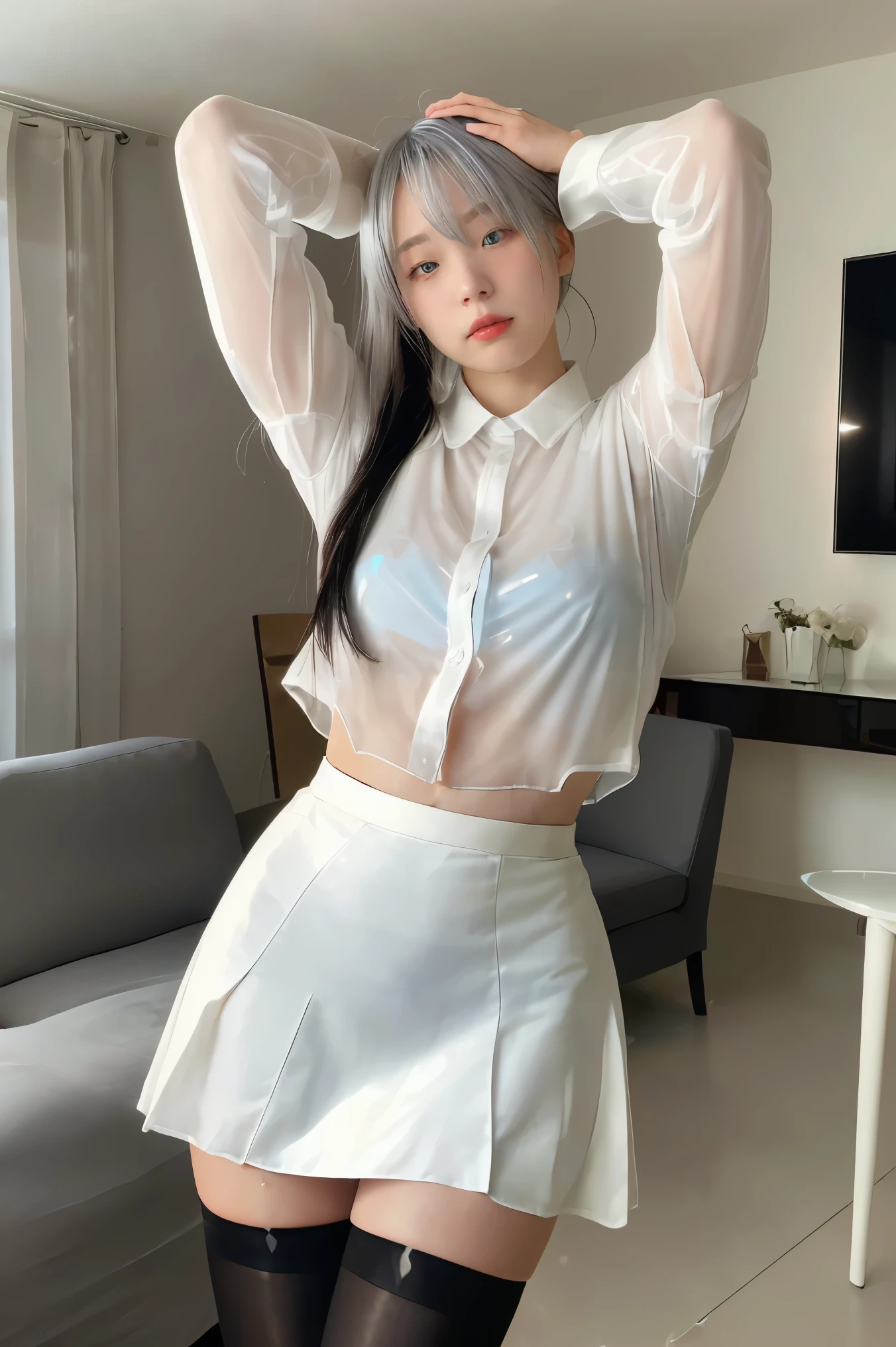(((1 girl)),ray tracing,(dim lighting),[detailed background (living room)),((silver hair)),(silver hair)),((Fluffy silver hair, plump and slender girl)) with high ponytail))) Avoid golden eyes in the ominous living room ((((Girl wears white opaque shirt, black wrinkled skirt with black transparent stockings), showing a delicate and slender figure and graceful curves, correct limbs, hands behind the head, hands behind the head, hands behind the head , eye details, beautiful eyes, delicate eyes, blue eyes