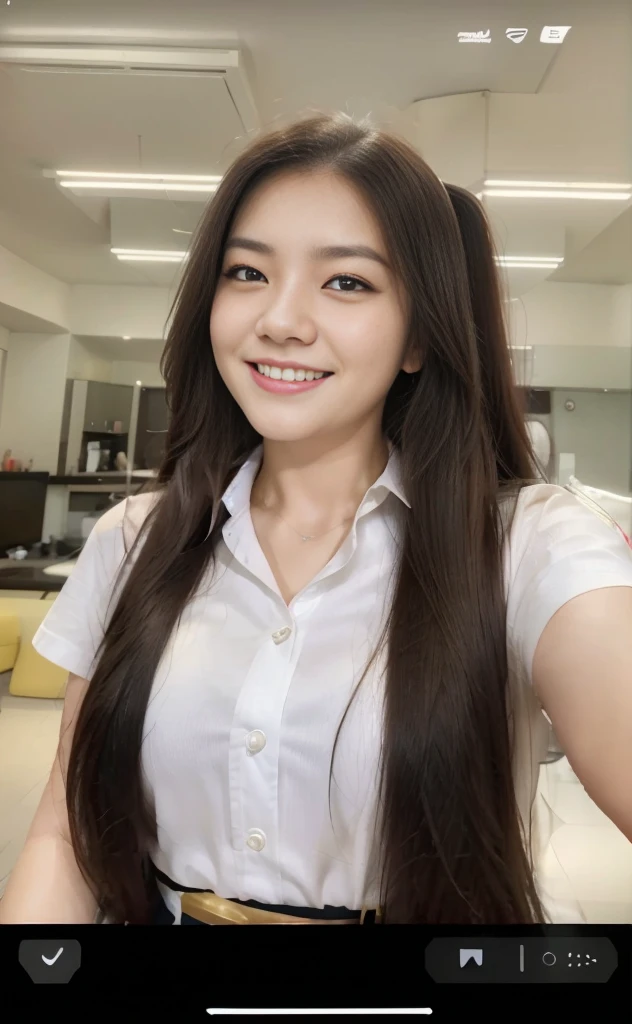 arafed woman with long black hair wearing a white shirt, anime thai girl, ruan cute vtuber, 8k selfie photograph, with long hair, anime girl in real life, selfie shot straight on angle, she is smiling, she is smiling and happy, girl wearing uniform, asian girl with long hair, with long dark hair, trending at cgstation