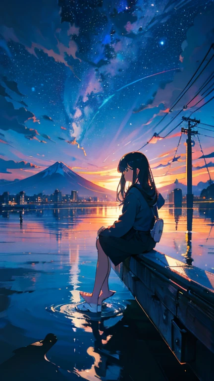 masterpiece, Exquisite detail,Highest quality, One Girl, alone, handrail, cloud, building,Long Hair, zero, Long sleeve, Power lines, White footwear, Black Hair, Electric pole, bangs, cloudy zero, fish, bird, Green Eyes, Shorts, Day, Black Shirt, barefoot,star,milky way,流star,Pitch black,building,High quality anime art style，Character portrait，Splash ink background,Blue Theme,Clear Face,Distinctive facial features,Fuji Mountain,Fuji Mountain,building in Tokyo,look at me,Rear view,Shining star々,milky way,Sit on the water,Bright sky,Daytime,Look straight ahead,Future City,train,railway crossing,Day没