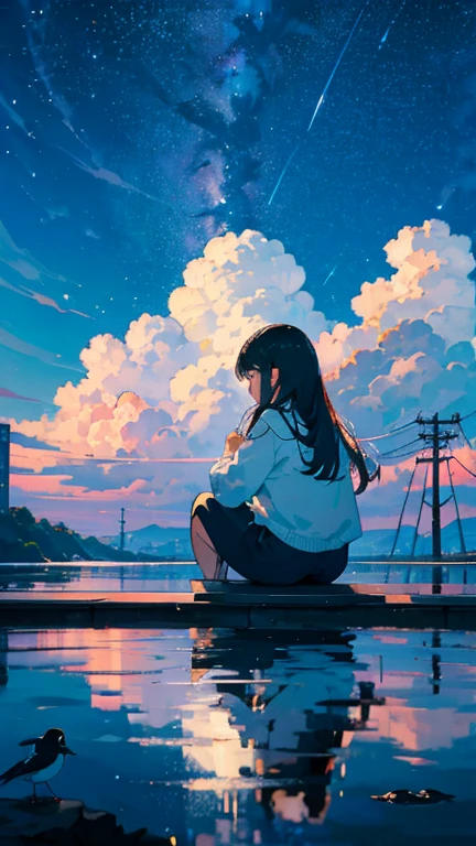 masterpiece, Exquisite detail,Highest quality, One Girl, alone, handrail, cloud, building,Long Hair, zero, Long sleeve, Power lines, White footwear, Black Hair, Electric pole, bangs, cloudy zero, fish, bird, Green Eyes, Shorts, Day, Black Shirt, barefoot,star,milky way,流star,Pitch black,building,High quality anime art style,Character portrait,Splash ink background,Blue Theme,Clear Face,Distinctive facial features,Fuji Mountain,Fuji Mountain,building in Tokyo,look at me,Rear view,Shining star々,milky way,Sit on the water,Bright sky,Daytime,Look straight ahead,Future City,train,railway crossing,Day没