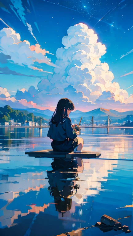 masterpiece, Exquisite detail,Highest quality, One Girl, alone, handrail, cloud, building,Long Hair, zero, Long sleeve, Power lines, White footwear, Black Hair, Electric pole, bangs, cloudy zero, fish, bird, Green Eyes, Shorts, Day, Black Shirt, barefoot,star,milky way,流star,Pitch black,building,High quality anime art style，Character portrait，Splash ink background,Blue Theme,Clear Face,Distinctive facial features,Fuji Mountain,Fuji Mountain,building in Tokyo,look at me,Rear view,Shining star々,milky way,Sit on the water,Bright sky,Daytime,Look straight ahead,Future City,train,railway crossing,Day没