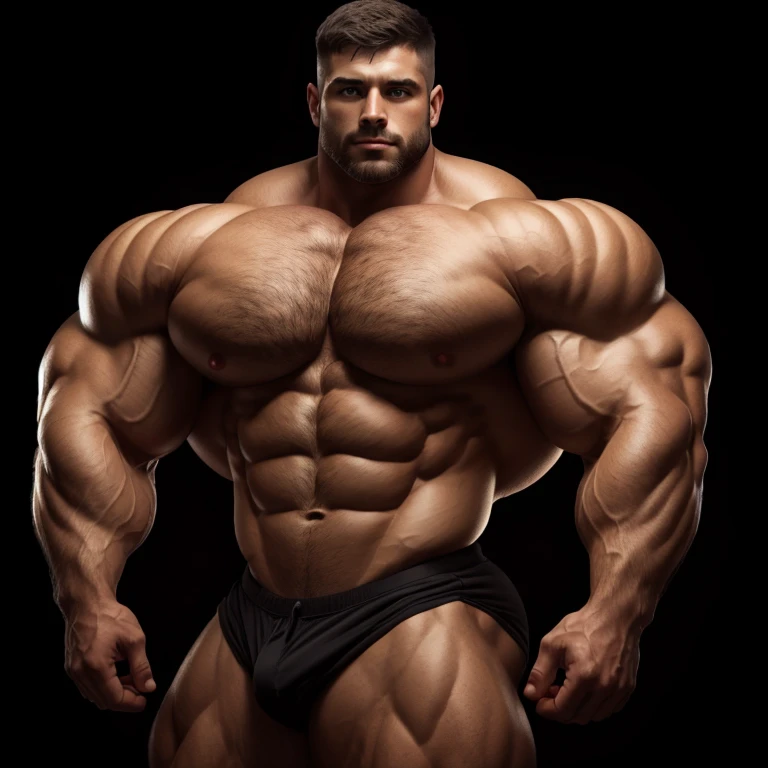 a man, short hair, shirtless, massively muscular, with massively large muscles, on a black background
