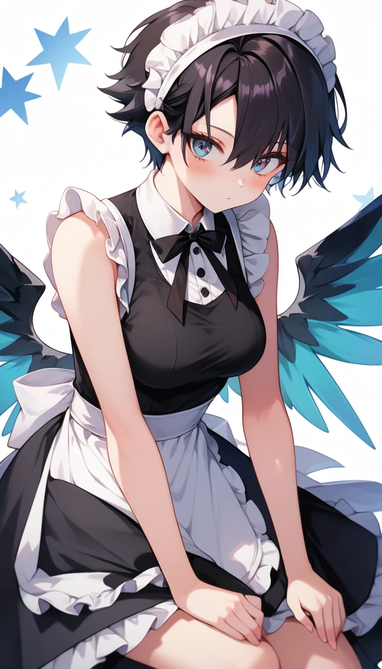 UHD, Retina, Masterpiece, Score_9, score_8_up, 8k, ultra-detailed, Ultra-high resolution, high-quality, 1girl, cute, perfect anatomy, black hair, short hair tomboy, sleeveless maid dress, medium breasts, bare shoulders, white skinned, blushing, skirt above knee, sexy, standing up