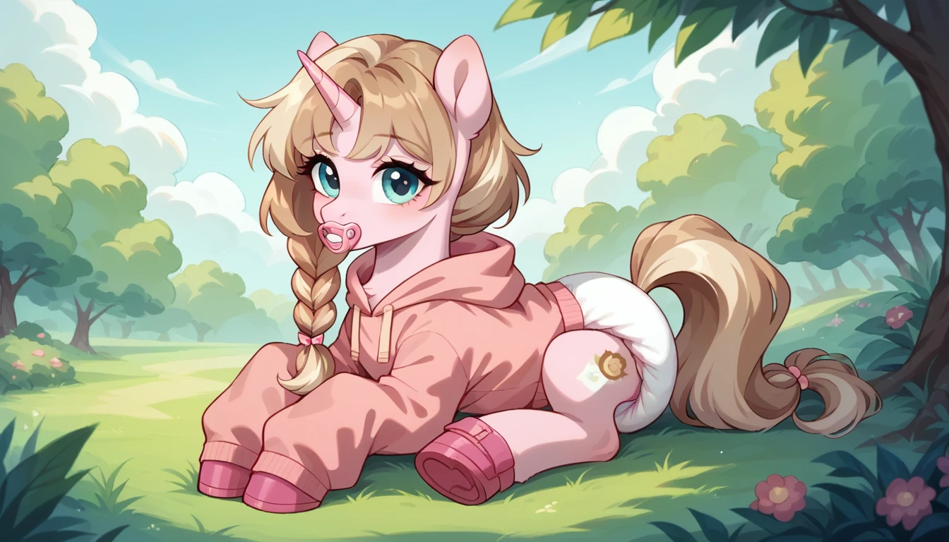 pony, light caramel unicorn, adult mare, plum eyes, lush mane braided, lush tail, sitting outside, dressed in bright pink onesie adult size and pink booties adult size, pink pacifier in her mouth, solo, thick light pink diaper under cloths.