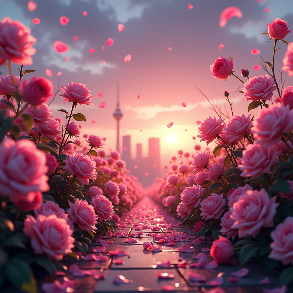 night，Real scene shooting of 1,000 beautiful and romantic pink and white roses blooming，美丽的花朵Clarity可见，White and red flowers，Fluffy and soft petals，The sides are many flowers，In the middle are the falling glowing petals，Sunset sky，The city is in the distance，Refracting pink light，Ultra-realistic，Hyperreal，photography，magic，fantasy，Clarity，8k，High-definition photography by Hayao Miyazaki。