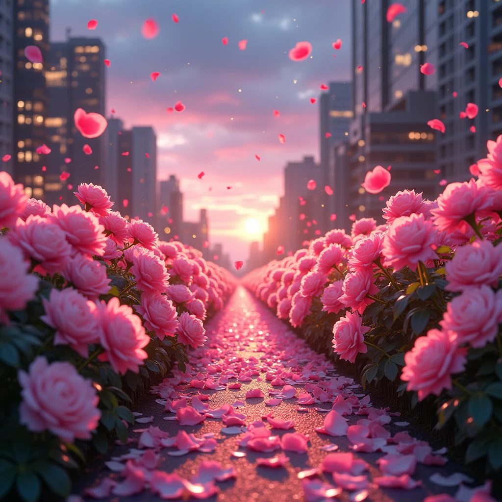 night,Real scene shooting of 1,000 beautiful and romantic pink and white roses blooming,美丽的花朵Clarity可见,White and red flowers,Fluffy and soft petals,The sides are many flowers,In the middle are the falling glowing petals,Sunset sky,The city is in the distance,Refracting pink light,Ultra-realistic,Hyperreal,photography,magic,fantasy,Clarity,8k,High-definition photography by Hayao Miyazaki。
