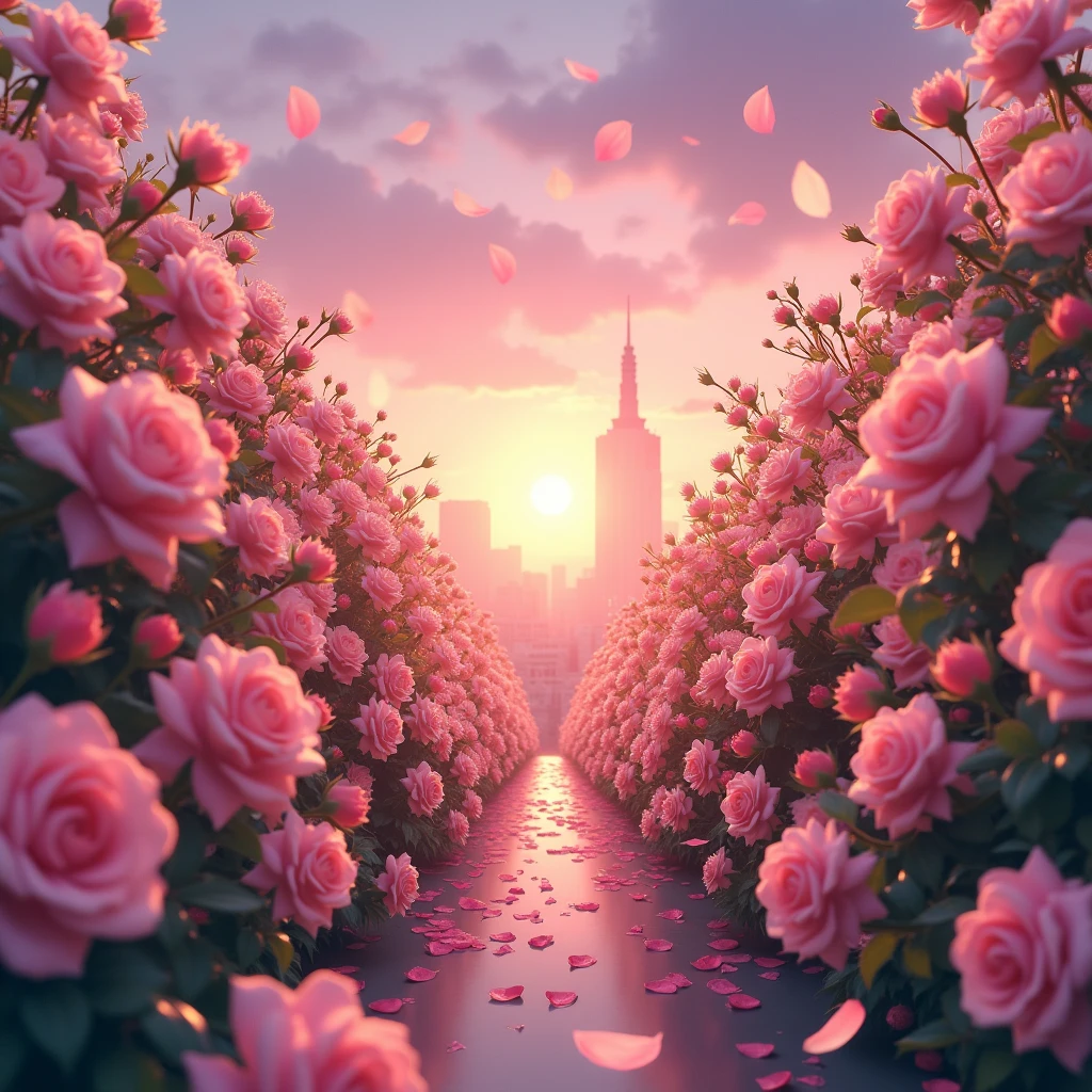 In the evening, real scene shooting 1000 beautiful and romantic pink and white roses glow, beautiful flowers are clearly visible, white and red flowers, fluffy and soft petals, on both sides are many flowers, in the middle is falling luminous petals, sunset sky, far away is the city, refracting pink light, super realistic, super real, photography, magic, fantasy, clear, 8k, ureal, Shot in HD by Hayao Miyazaki. Hd, HD