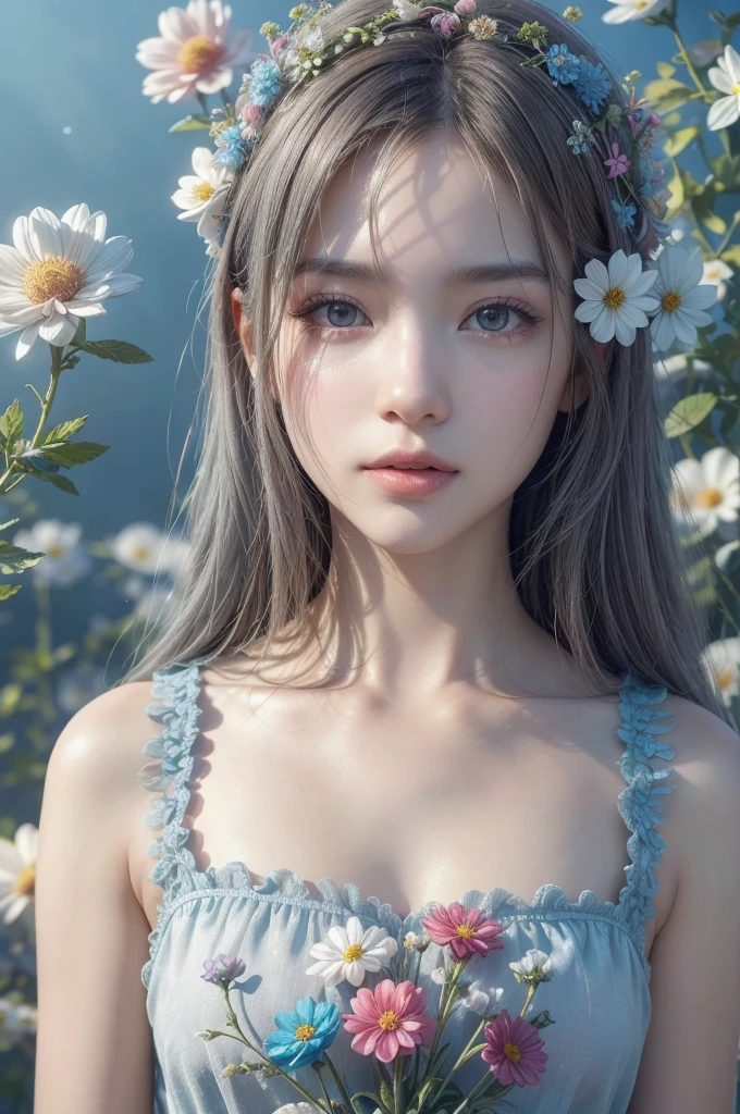 （Masterpiece、超high quality、１６ｋ、Hyper Detail、Intricate details、Realism、Photorealistic photography、Perfect Anatomy、Professional Lighting、Perfect proportions、Perfect Face、17-year-old girl、cute、Super detailedな目、cute目、Well-formed face、Beautiful Hair）、（８ｋ、Raw photo、Best image quality、masterpiece：1.4）、（Realistic、Realistic：1.4）、bangs、（（Dark brown eyes：1.4、Round eyes））、(UHigh resolution, retina, masterpiece, Accurate, Anatomically correct, Textured skin, Super detailed, Attention to detail, high quality, 最high quality, High resolution, 1080P, High resolution, 4K, 8k, 16K), Beautiful lip detail, Physically Based Rendering, Vibrant colors,(Fashion magazines are a big hit:1.2),(Attractive woman:1.3),(Beautiful and delicate eyes:1.2),(Fashion clothing design:1.2),(Tulle texture:1.1),turquoise Flowers,surrounded by Flowers,Transparent dew,Fresh and elegant,(Flowers blooming wildly:1.2),Delicate buds,Turquoise blue atmosphere,(masterpiece:1,2),最high quality,masterpiece,High resolution,original,Highly detailed wallpaper,Perfect lighting,(Extremely detailed CG:1.2)Flowers,turquoise Flowers,full_body, Huge_chest, whole body、(((Gray hair 1.5)))、Beautiful Skin、Whitening、