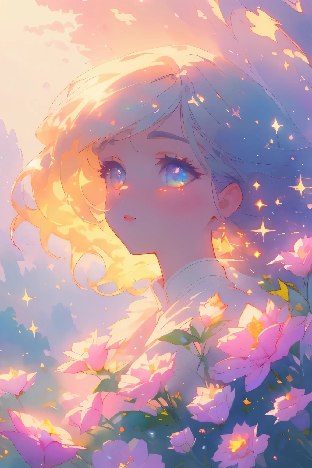 (High quality, 8K), (Soft light), One girl, Detailed face, Detailed eyes, watercolor paiting,  very magical and dreamy, dreamy and detailed, dreamy atmosphere and drama, Gorgeous atmosphere, Beautiful dreamy lighting, dreamy ambiance, Beautiful atmosphere, Dreamy Romantic, many flowers, landscape, sparkle eyes