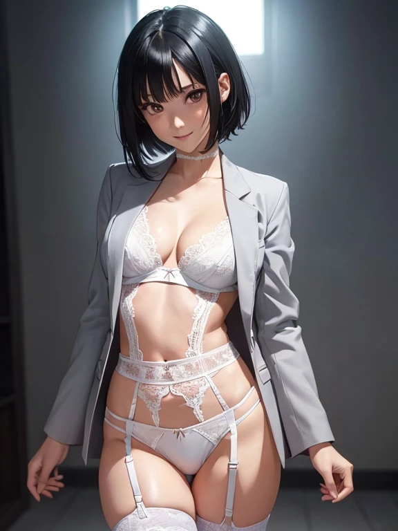 anime, estilo anime de mujer realist, 18 year old girl, (gray blazer, white lace panties, garter belt: 1.2), beautiful details of the eyes, light shines on your face, ((full body photo: 1.2)), particularly strong light, (good eyes, smile: 1.2), shiny skin, (((black hair, short hair: 1.2))), (thin thighs), , shy, (flash: 1.2), NSFW , ((seductive posture: 1.2, Charm: 1.2)), (standing in a sexy pose: 1.2)), ((excellent anatomy: 1.2)), ((In town、blurred background: 1.2)), perfect face, beautiful and symmetrical face, natural side lighting, ((8K, RAW photo, excellent quality, masterpiece), (highest quality), (best shadow), (best illustrations), ((erotic, sexy, ultra high resolution, 8K HD Integrated CG Wallpaper, physical manifestation, movie lighting)