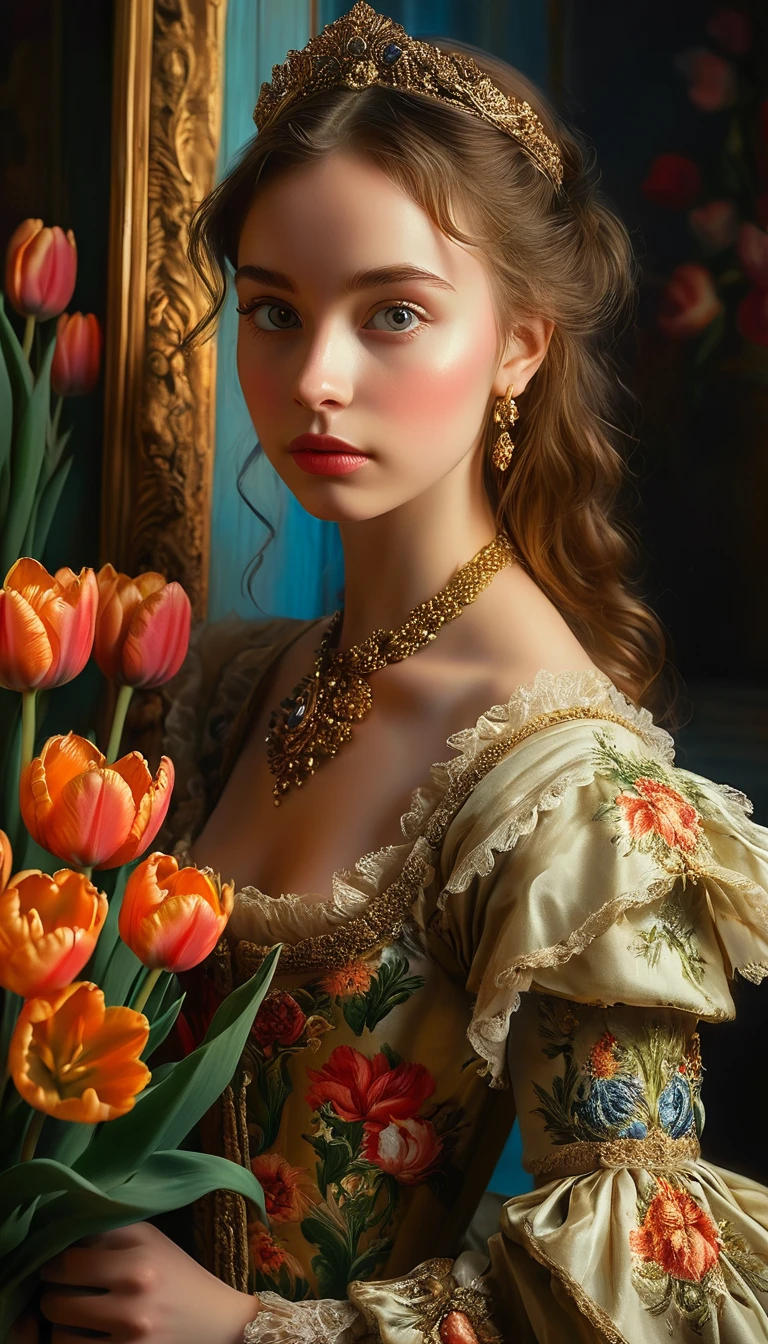 Renaissance period young woman, detailed face, beautiful eyes, lush lips, long eyelashes, porcelain skin, Renaissance era dress, holding big bouquet of tulips, intricate details, warm lighting, oil painting, masterpiece, photorealistic, ultra-detailed, vibrant colors, classical art, chiaroscuro lighting