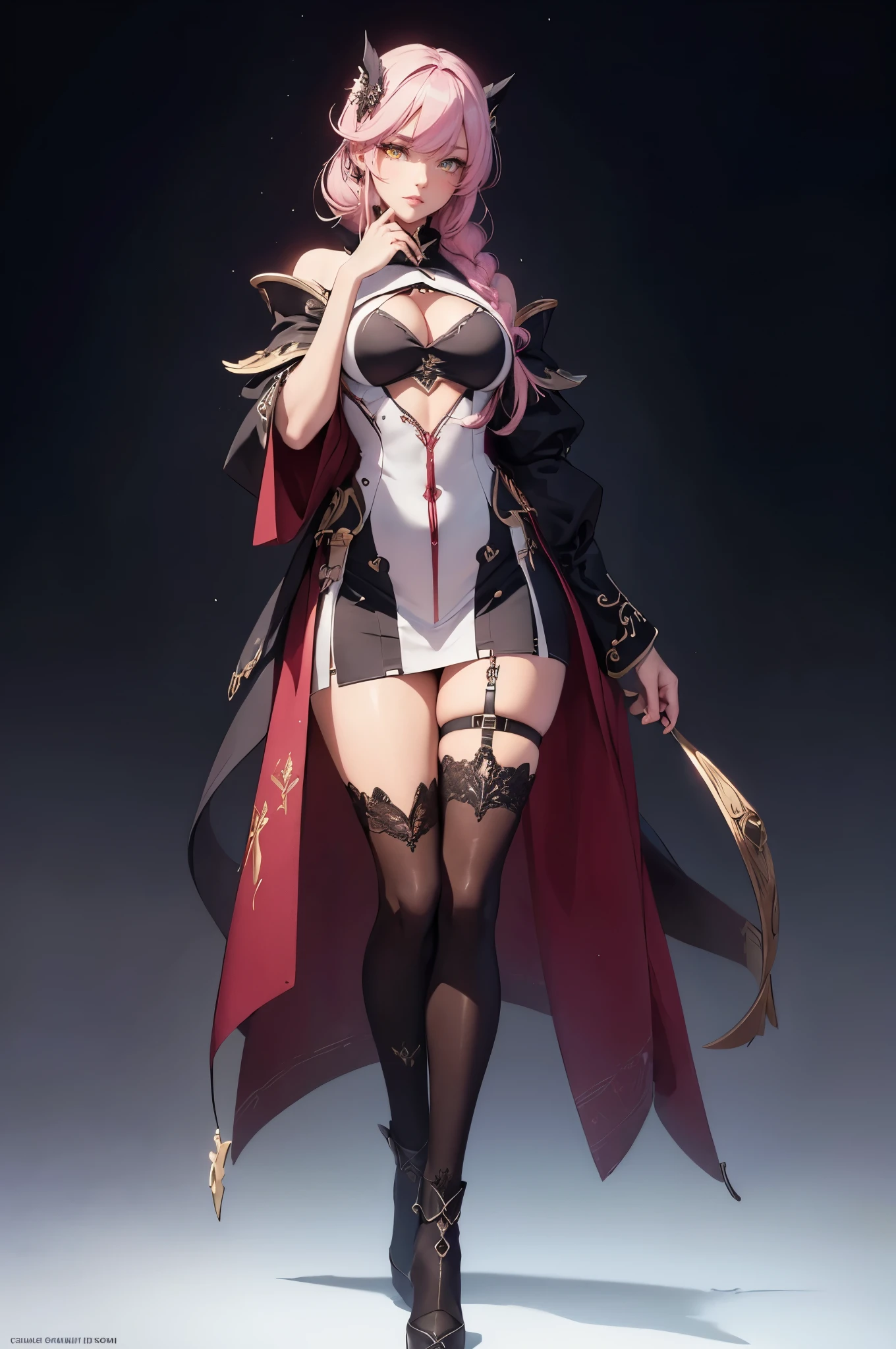 ((1girl, solo)), large breasts, beautiful body, (perfect anatomy, perfect body, perfect hands, perfect legs), natural proportions, sexy body, standing, crossed arms, finger to mouth, index finger raised BREAK
((extremely detailed face)), yellow eyes, (beautiful detailed eyes:1.6), (realistic pupils, realistic iris:1), expressive eyes, looking at viewer, (clear eyes:1.3), (hyperrealistic:1.2), (detailed skin texture:1.2), smooth skin, multicolored hair, gradient hair, (pink hair:1.3), (white hair:1.2), bangs, hair between eyes, hair intakes, braided sidelocks, (detailed lips:1.2), (attractive lips:1.1), (glossy lips:1.1), perfect face, perfect eyes BREAK
white dress, (mini dress:1.5), (cleavage cutout:1.3), (underboob cutout:1.2), bare shoulders, detached sleeves, black sleeves, wide sleeves, thighs, zettai ryouiki, black thighhighs, thigh band, black footwear, high heels BREAK
(masterpiece:1.5), anime-style, top quality, best quality, (beautiful and aesthetic:1.2), (ultra detail:1.5), Ultra-detailed depiction, Ultra-precise depiction, extremely detailed 8k illustration, high resolution, (highly detailed shading:1.2), (realistic lighting:1.4), perfect lighting, vibrant colors, dynamic tones, striking hues, 8k, absurd resolution, perfect shadows, hdr, UHD, ambient lighting, realistic, ultra-realistic, photo realistic, highly detailed, rich detail, luminous colors, fine texture, intricate design, professional illustration, (soft light:1.2), (illustration:0.7)