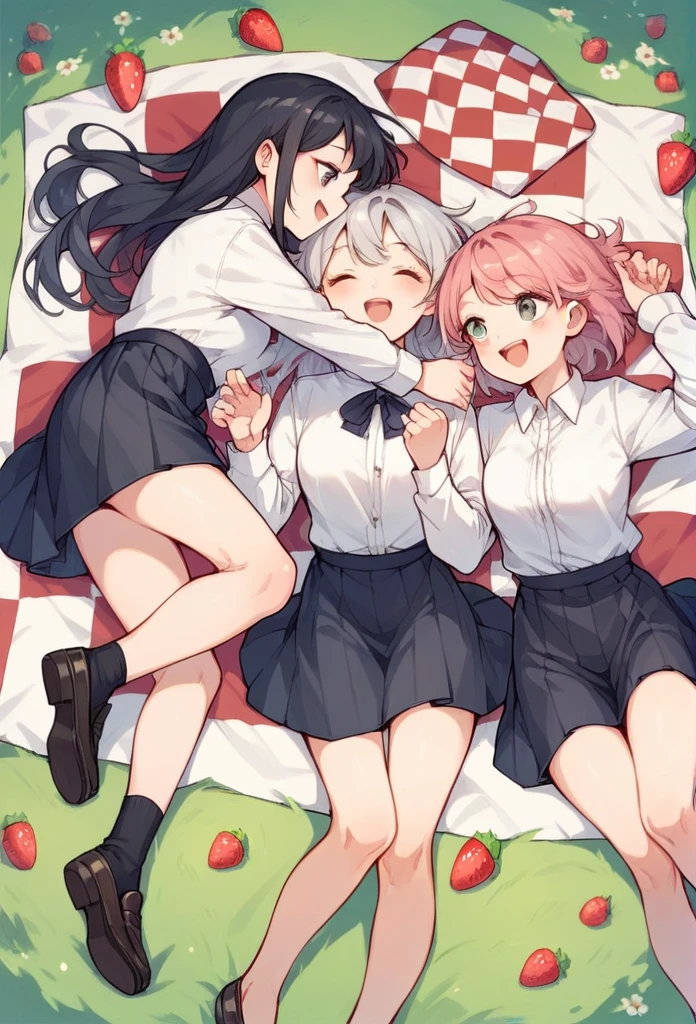,Silver hair, cute girl, happy, White blouse, black knee-length skirt, black loafers,folded,picnic,3girls[:1.5],Yuri[:1.5],Long Black Hair,Strawberry Blonde Hair