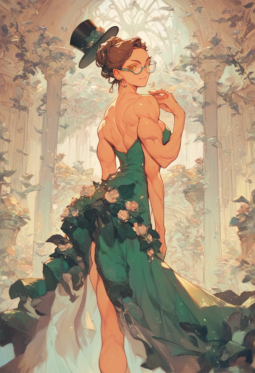 Muscular,women,female,top hat,brown hair,yellow eyes,elegant Green dress,long dress,Glasses,an exposed leg,smile ,solo,breasts, looking back,(Hypermuscle:1.2)