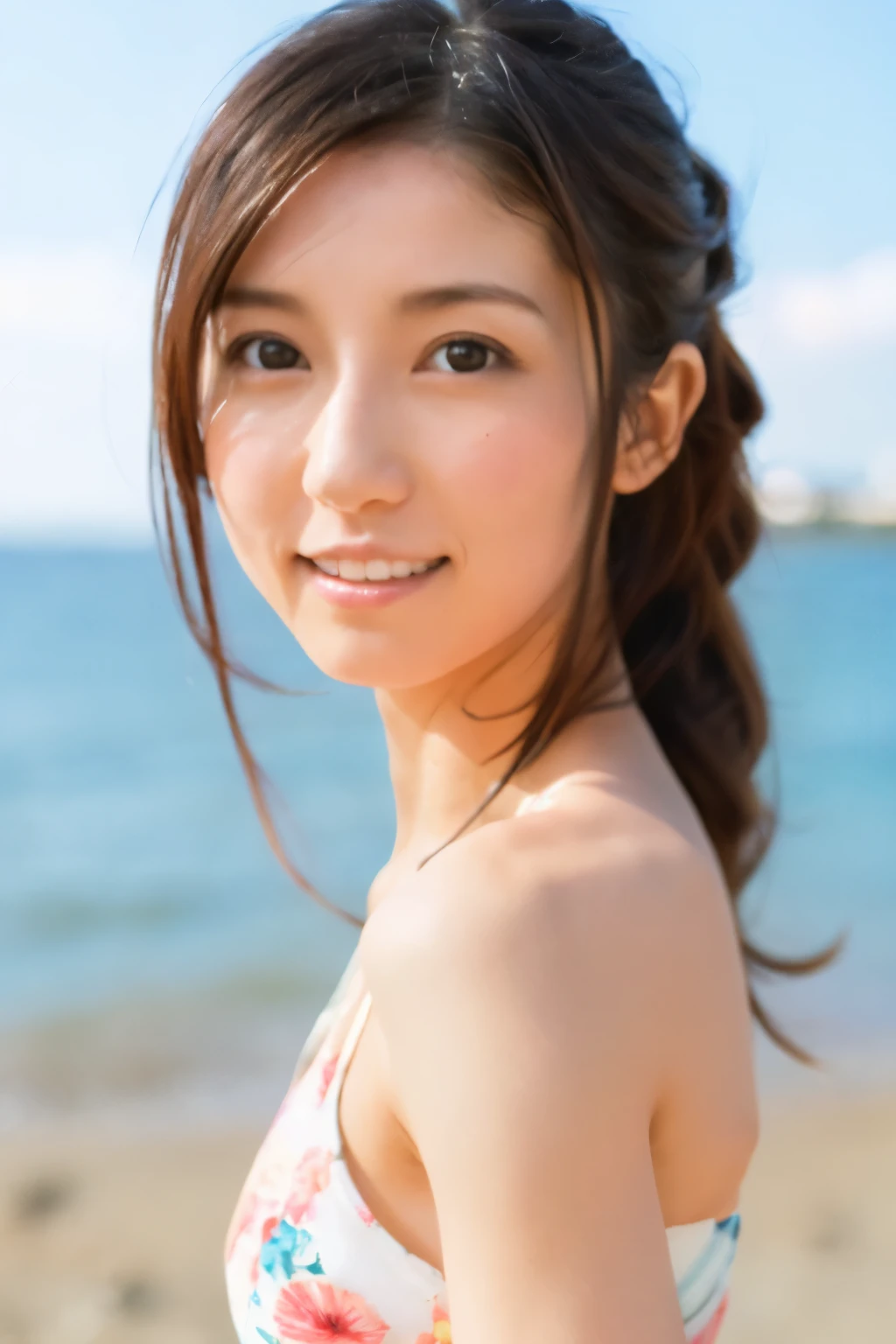 8k, highest quality, masterpiece, super high resolution, (realistic:1.4), RAW Photos, (Film Grain:1.3), One Girl, portrait of a skinny Japanese woman, 30 years old, standing on the beach, a cute face, detailed face, detailed eyes, {short|long} hair, correct body anatomy, photogravure