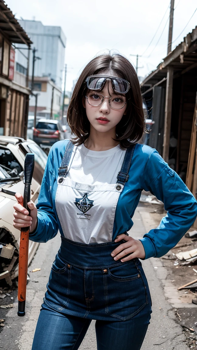 "Create an image of Rumble from League of Legends by Riot Games, reimagined as a female, in her classic mechanic outfit with goggles,no having clothes, a work apron, and armored mech suit, having massive k-cups:1.55. She's in a scrapyard workshop surrounded by tools and robot parts, in an attractive pose with her wrench in hand."

