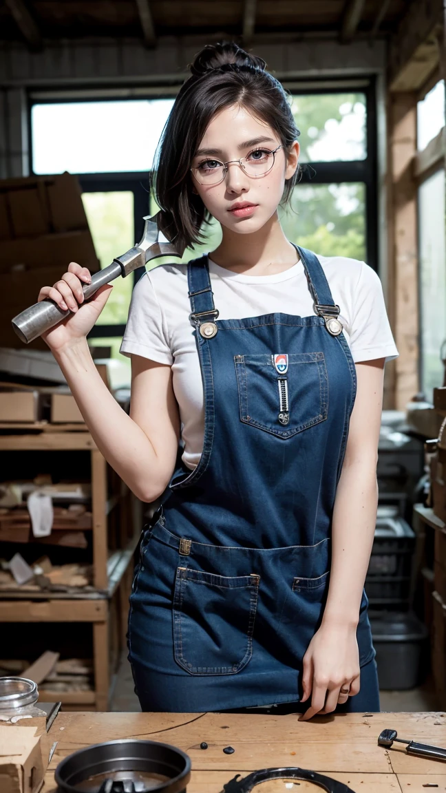 "Create an image of Rumble from League of Legends by Riot Games, reimagined as a female, in her classic mechanic outfit with goggles,no having clothes, a work apron, and armored mech suit, having massive k-cups:1.55. She's in a scrapyard workshop surrounded by tools and robot parts, in an attractive pose with her wrench in hand."
