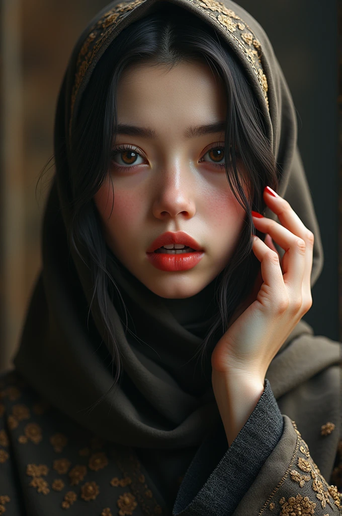 .masterpiece:1.2, best quality), Practical, (The true situation, Intricate details, Depth of Field), (1 girl, Solitary), cosmetic, Open your mouth, Very detailed, Perfect face, (Skin Indentation), Glossy coral lips, (A girl wearing a headscarf, Islamic clothing), blush, Raiden is depressed. (Thunder General) From genshin impact,High detail hands,
