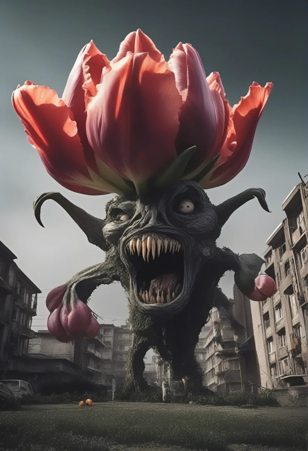 There is a big flower on the statue, Alien Flower, Alien Flowers, Giant flower head, Giant rose flower as a head, Mutated Flower, Inspired by Igor Morski, a Plant Monster, Ultra-realistic fantasy monsters, horrific digital art, Plant Monster, 🌺 society, Creepy surrealism, humanoids overgrown with flowers, Strange flowers, Photo Editing