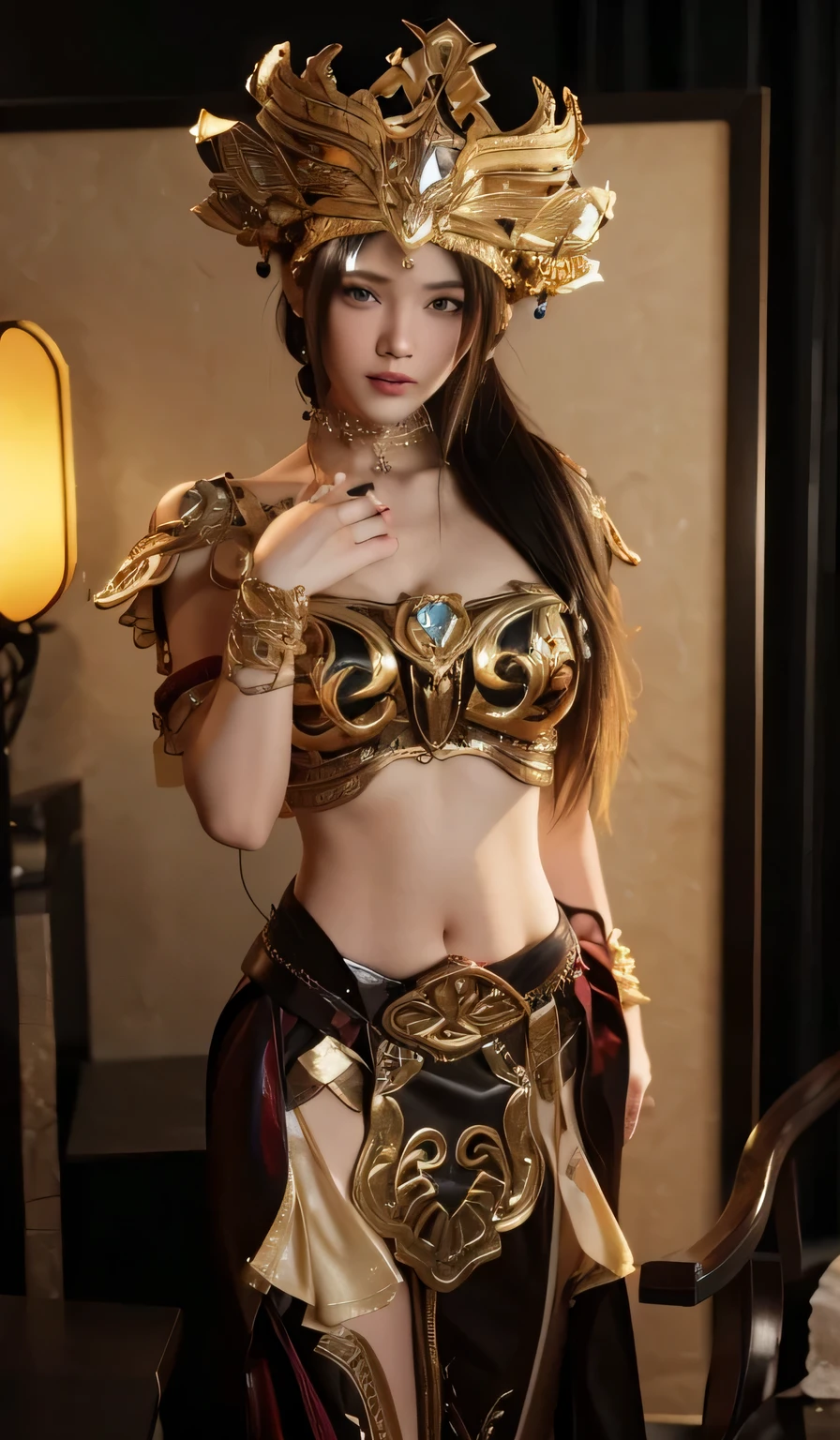 Game Art,Best image quality,Maximum resolution,8k,(A bust photo),(portrait),(Head close-up),(Rule of Thirds),Unreal Engine 5 rendering works,20 year old girl,((Queen)),The eyes are very detailed,(Large Breasts),Elegance and nobility,Light,Light line tracing,Game CG,((3D Unreal Engine)),OC rendering reflection mode,4K,Ultra-clear,sensuous,Translucent lace,Fair and plump figure,Pretty Face,Light Gel Coat,The Queen in a luxurious dress,Crystal Gem Crown,Necklace jewelry,Blue eyes,The tattoo is very three-dimensional,Gorgeous and intricate tattoo designs,Ultra-clear portrait,Sexy body,Temple Princess,Sapphire eyes,There is a gold collar around his neck,Cleopatra,Five fingers extended