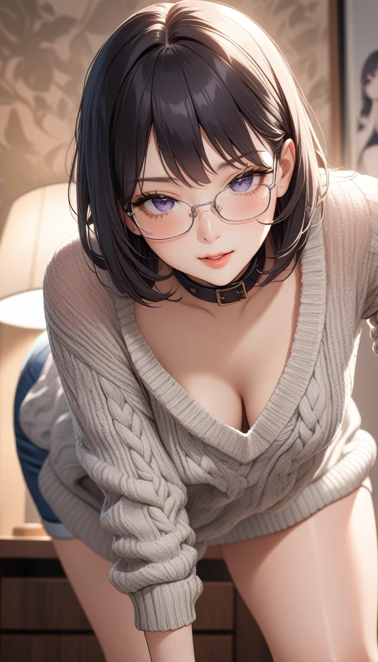 (Masterpiece), (8K size wallpaper), (best picture quality), Caustics, Detiled, American Adulterous Wife Gravure Specialized Top Model Private, knit clothing, loose knit sweater, bewitching, gravure pose, glasses, 20s virgin face, bra flashing, bra slightly visible from sweater collar, bending forward,