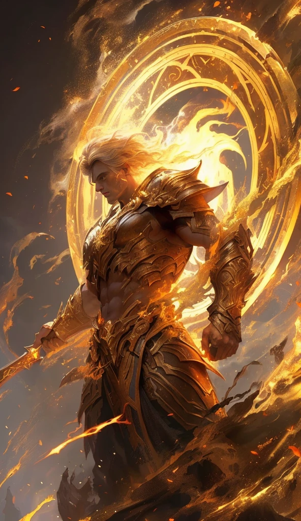 Figure of a man holding a sword and fire, Graphic artist Magali Villeneuve, Epic Fantasy Character Art, author:Yang J, High quality fantasy art, Raymond Swanland's Style, Epic fantasy HD art, 4k fantasy art, Firecaller Armor, Epic fantasy digital art style, With wings of blazing golden flames, Fire Giant
