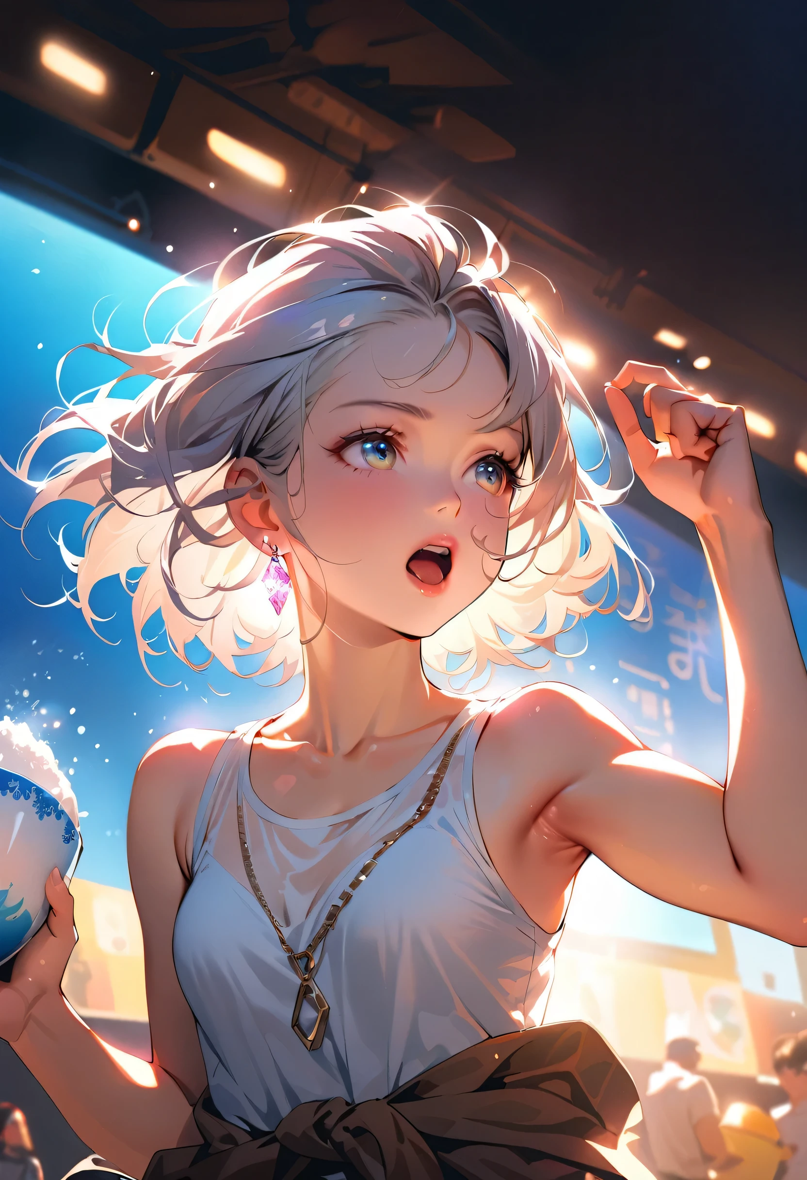 masterpiece, Highest quality, (((Eating shaved ice makes me feel refreshed)))、(((I shut my eyes tightly and scream in pain)))、Raising awareness, Sax Blue, Platinum Earrings, Platinum Necklace, White Dress, One Girl, cute, (Dynamic Lighting:1.2), Cinema Lighting, Delicate facial features, Detailed eyes, Sharp pupils, Realistic student, Written boundary depth, ボケ Written boundary depth, Sharp focus, (Very detailed, bloom, Shine:1.4), Lots of little gems, (((short_hair))), Twin tails、Earrings、Parted front hair、銀hair、Upper Body、Ultra close-up footage、She wears a see-through tank top.The top is transparent up to the chest.、See-through design。The bottoms are a very short navy blue pleated skirt.、Fits snugly around the waist。The background is simple white.、this、The text is easier to see.。The light source is a soft light from the front....、The overall atmosphere is bright and clean....。