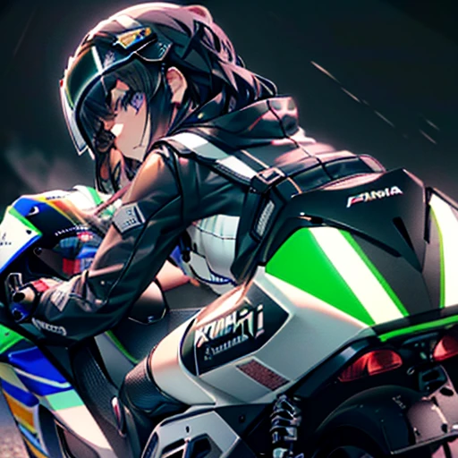 masterpiece,Highest quality,Ultra-fine illustrations, Very cute and beautiful girl , Very exquisite beautiful face and eyes, Just 16 years old, Riding a racing bike,(One girl riding a bike, Aggressive ride, Spanning a racing bike, (Detailed Automotive, Yamaha YZF-R1), (Wearing white&Navy helmet Arai RX-7X))), Helmet visor closed, biker clothes, ((green&White Leather Racing Suit,(Details KUSHITANI K-0070XX Elevation Suit))), Motorcycle Boots, Black Hair, green streaked hair, Medium Hair, Purple eyes, Earrings, Mid-chest, Outdoor,(circuit,Straight road,night), Severe, anime, Rear view, Glance at the viewer、Sexy Costumes、Erotic costumes、Clothes with little fabric