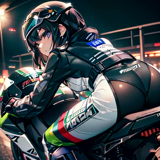 masterpiece,Highest quality,Ultra-fine illustrations, Very cute and beautiful girl , Very exquisite beautiful face and eyes, Just 16 years old, Riding a racing bike,(One girl riding a bike, Aggressive ride, Spanning a racing bike, (Detailed Automotive, Yamaha YZF-R1), (Wearing white&Navy helmet Arai RX-7X))), Helmet visor closed, biker clothes, ((green&White Leather Racing Suit,(Details KUSHITANI K-0070XX Elevation Suit))), Motorcycle Boots, Black Hair, green streaked hair, Medium Hair, Purple eyes, Earrings, Mid-chest, Outdoor,(circuit,Straight road,night), Severe, anime, Rear view, Glance at the viewer、Sexy Costumes、Erotic costumes、Clothes with little fabric