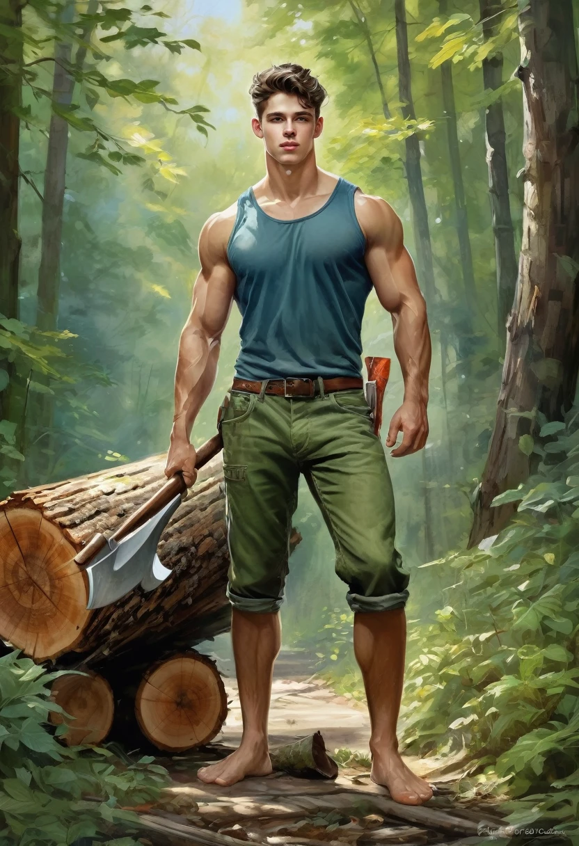 ((images that reflect the strength and masculinity of European workers in various physical tasks)):
Background: Dense forest.
Leg Position: Spread apart, one slightly forward.
Arm Position: Holding an axe with both hands.
Action: Chopping a log.
Color Palette: Greens and browns.
Facial Expression: Determined and focused.
Model’s Facial and Physical Characteristics: Thick beard, muscular and robust.
r. Kevin Sloan an roberto ferri style..., neutral soft colors., 8k resolution, full body, handsome, In the artistic style of norman rockwell, splendid naked, thin and ripped body, detailed realistic muscles, swimming suit, 20 years old. full body, male model. black hair, green eyes, male gaze. handsome. bodybuilder swimsuit, romanticism, symbols and metaphors. Beautiful details, quirky, distinctive images, stylistically diverse painting, Intricate detailsfull body, 20 years old man, shirtless, barefoot, wearing jeans, wearing a toe ring beautifull, gorgeous, perfect realistic detailed muscles, muscled legs, adorable face, taller, masculine gaze, confident look, soft perfect white skin, barefoot, blue eyes, perfect anatomy, portrait, a painting of a young man Pencil Sketches by Albert Eckhout enchanting young man, highly detailed beautyfull face, freedom, soul, digital illustration, approaching perfection , dynamic, highly detailed, watercolor painting, artstation, concept art, smooth, sharp focus, illustration in the style of artists like Russ Mills, Sakimichan, Wlop, Loish, Artgerm, Darek Zabrocki, and Jean-Baptiste Monge (homoerotism_fullbody_nsfw_seductive