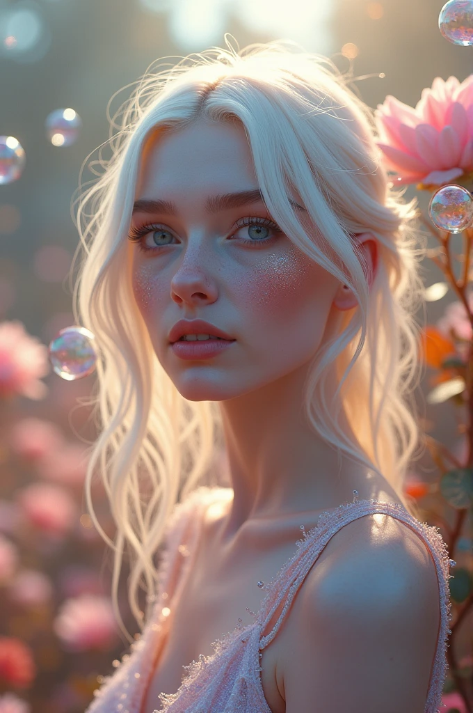 Hyperrealism cinematic film still, 8K, highly detailed and realistic. In a pastel-hued magical garden, a stunningly beautiful albino woman with piercing blue eyes and delicate freckles on her face stands amidst otherworldly blossoms. Bubbles float gently around her, catching the light and shimmering with glitter. Soft fairy lights illuminate the scene, casting a warm, enchanting glow. The atmosphere is surreal and captivating, with an ethereal, dreamlike quality.
