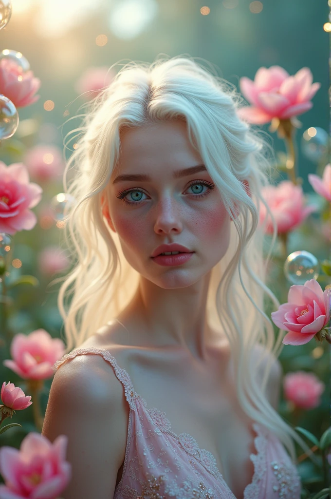 Hyperrealism cinematic film still, 8K, highly detailed and realistic. In a pastel-hued magical garden, a stunningly beautiful albino woman with piercing blue eyes and delicate freckles on her face stands amidst otherworldly blossoms. Bubbles float gently around her, catching the light and shimmering with glitter. Soft fairy lights illuminate the scene, casting a warm, enchanting glow. The atmosphere is surreal and captivating, with an ethereal, dreamlike quality.