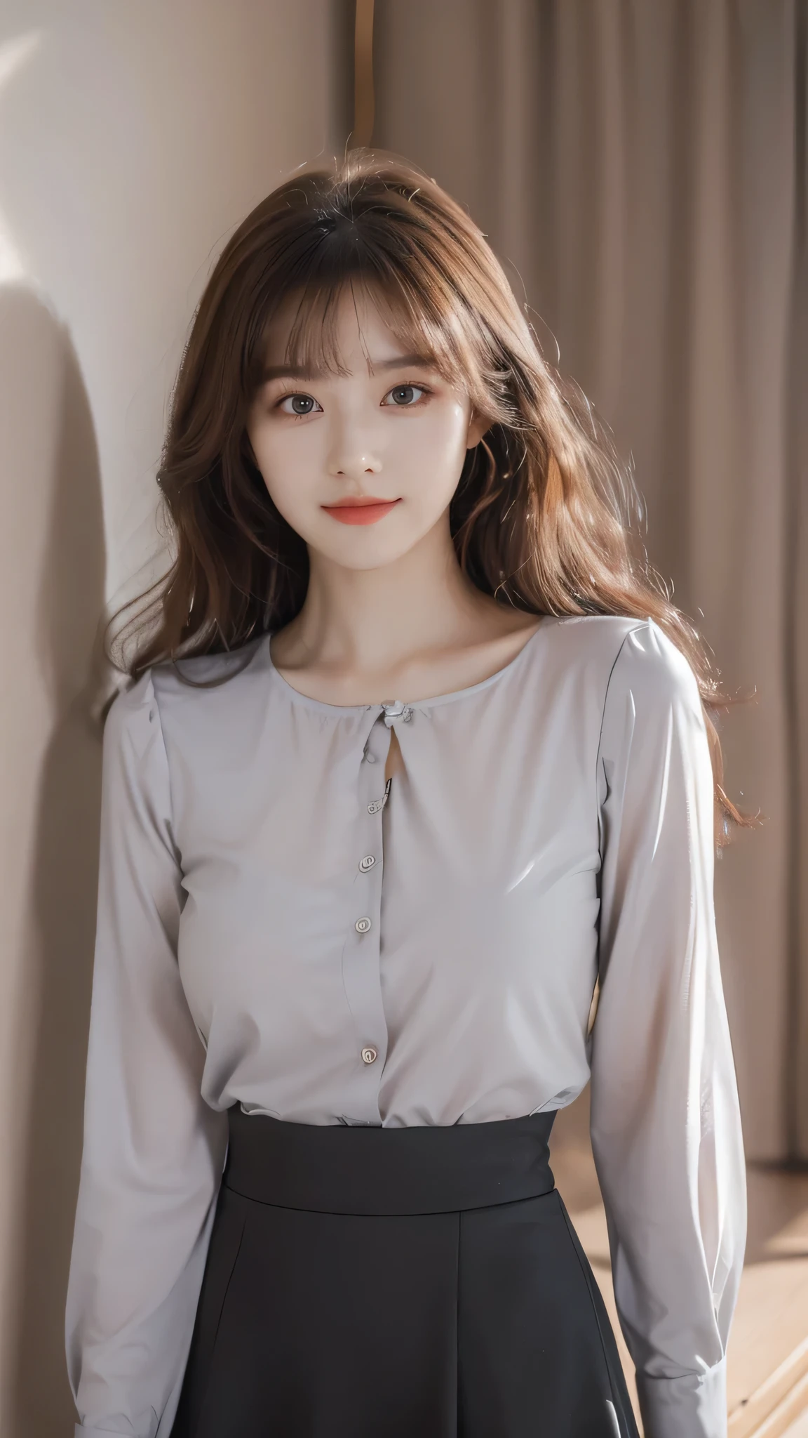detailed background, masterpiece, best quality, 1 person , curly hair, long hair, purple eyes, star in eye , grey Strapless blouse, long skirt, grey, tight , grey blouse