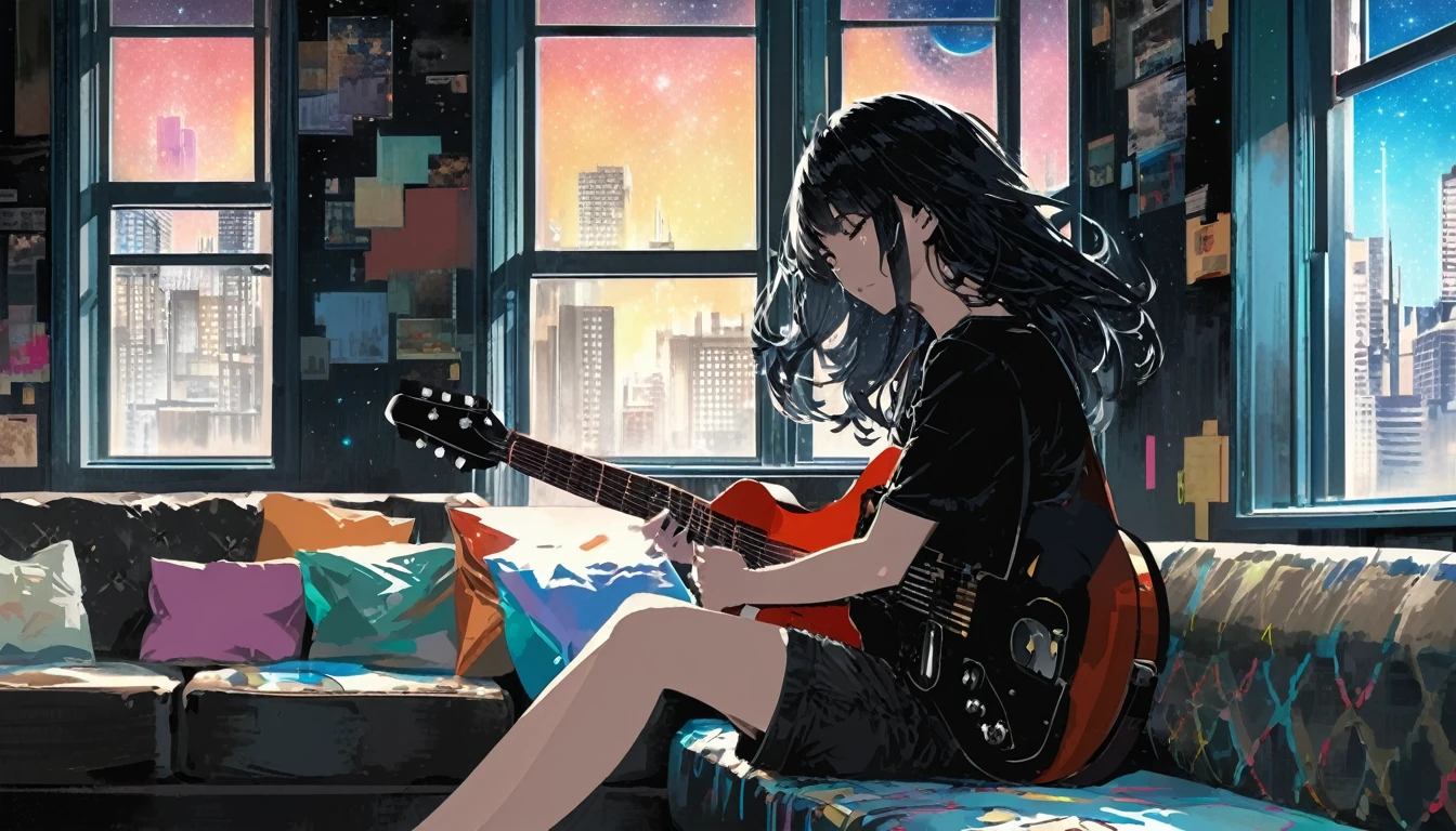 Super detailed:1.3, (Absurd, texture, masterpiece), pixiv Contest Winner, John Berkey, Dynamic cartoon style illustrations,Oversized T-shirt、stand lighting、Colored pencil style、Long black hair、play the guitar、sofa、kitten、Night Sky、Room with window、High precision、detailed、8hair,Sitting cross-legged, Starry sky inner hair,Dark aesthetic,Euphoric,Black shorts,Beautiful woman,Old alley background, Dozing off,Crayon colored zentangle,overview,Anime key visual,