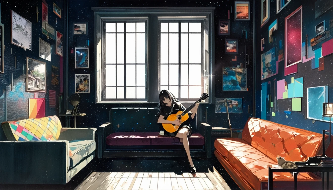 Super detailed:1.3, (Absurd, texture, masterpiece), pixiv Contest Winner, John Berkey, Dynamic cartoon style illustrations,Oversized T-shirt、stand lighting、Colored pencil style、Long black hair、play the guitar、sofa、kitten、Night Sky、Room with window、High precision、detailed、8hair,Sitting cross-legged, Starry sky inner hair,Dark aesthetic,Euphoric,Black shorts,Beautiful woman,Old alley background, Dozing off,Crayon colored zentangle,overview,Anime key visual,