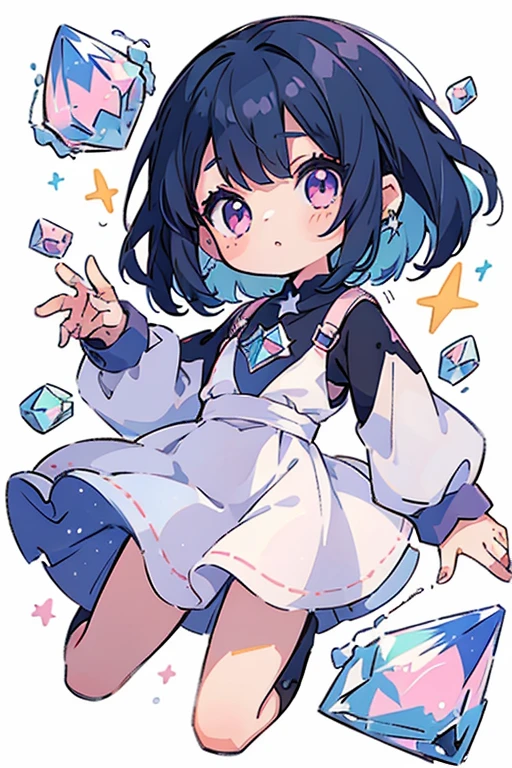 1 small girl, anime style, whole body, little, cute, short blue hair, pink eyes, pastel colors, stars, diamonds, white background, dynamic pose, dynamic composition, girl with a crystal, crystal black outfit, dark starry outfit, cozy outfit 