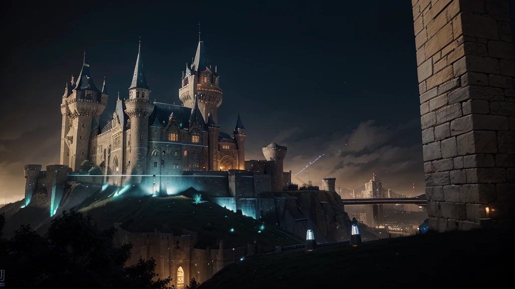 A cyberpunk art style piece of a medieval castle on a hill. The castle combines traditional stone architecture with futuristic elements like glowing circuits on the brickwork, sleek metallic towers, and advanced defense turrets. futuristic bridges provide entry. The scene blends the historical grandeur of the castle with the cutting-edge technology of the future.