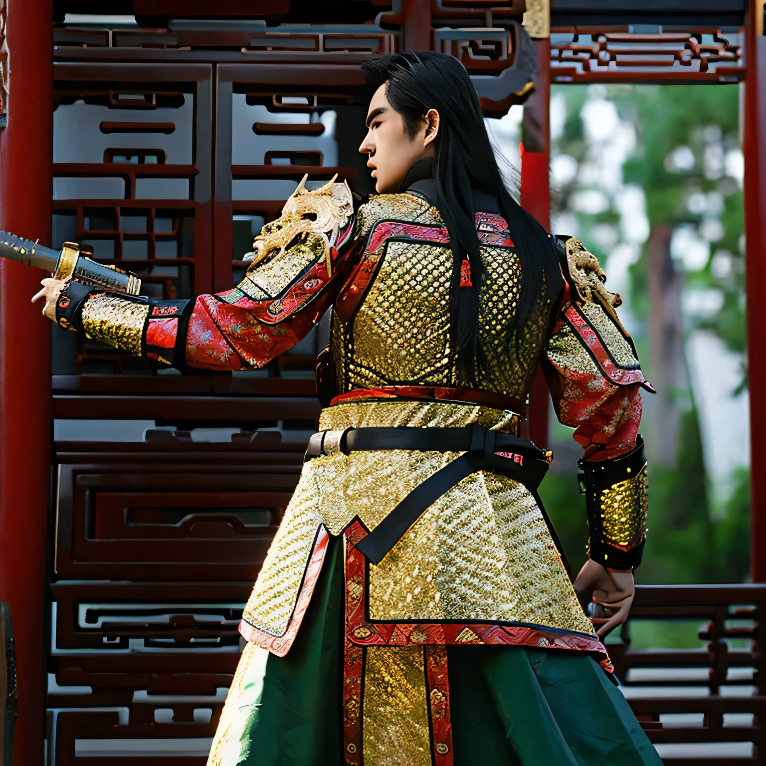 beautiful asian man with long hair warrior epic fanrasy fighting with demon dorama style temple at the background foto de perfil de frente de um (Chinese man), rosto realisitic. wearing jade knight armor, (holding the sword), muscular, realisitic, work of art, details Intricate, detailed back ground, Depth of field