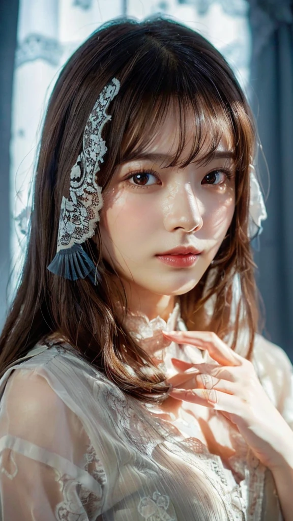 (Highest quality,Jay(Highest quality,Jay作:1.3,超High resolution),(Very detailed,Caustics,8k),(Realistic:1.4,RAW shooting),Super detailed, 超High resolution, Rembrandt Lighting,Ray Tracing,Detailed skin texture, 18-year-old,Japanese,黒いLong Hair,耳前にLong Hair, (Long Hair:1.2), (Wavy Hair:1.2), (鈍いbangs:1.2), Chest-up shot,Ultra high definition 8K,Highest quality,Very detailedな,Jay作,Realistic,Rich details,Photographic realism,Very detailedな環境,Very detailedな照明,Very detailedな詳細,,Detailed skin texture,Scattered under the surface,(blush:0.5),Photographic works,A slightly sad expression,Beautiful, shining lips, Detailed face、 bangs, Hair between the eyes, (Tangled in lace curtains:1.5),Looking into the camera,Front of face,Natural light, Jay作, Highest quality, High resolution, ,(Face Focus:1.1),(Face close-up:1.1),Sunset