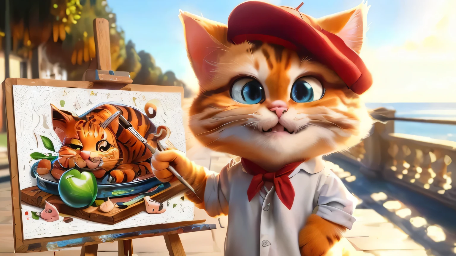 Cartoon cat painting a pig on an easel, digital cartoon painting art, A feline masterpiece, detailed painting 4k, furry artist, cartoon painting, charming digital painting, digital painting cartoon, in Painting with a cat, with the cartoon cat Garfield, Realistic drawing style, Anthropomorphic cat, Painting with a cat, portrait of garfield