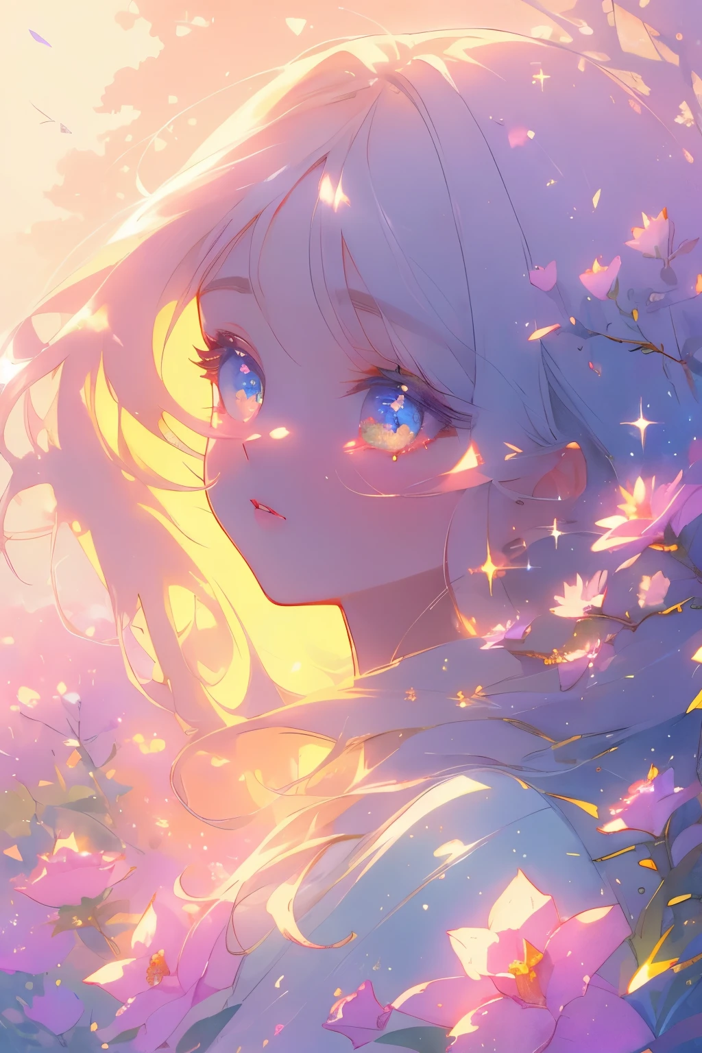 (High quality, 8K), (Soft light), One girl, Detailed face, Detailed eyes, watercolor paiting, very magical and dreamy, dreamy and detailed, dreamy atmosphere and drama, Gorgeous atmosphere, Beautiful dreamy lighting, dreamy ambiance, Beautiful atmosphere, Dreamy Romantic, many flowers, landscape, sparkle eyes, long hair, face forward